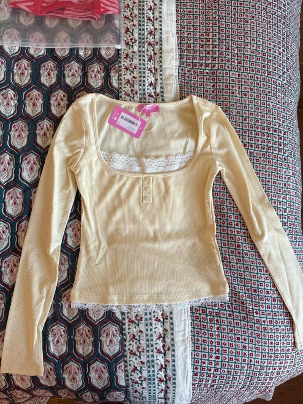 Butter Yellow Lace Trim Long Sleeve Top S